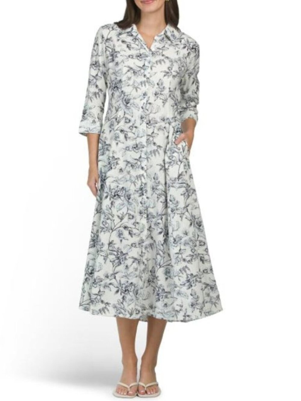 MARTHA STEWART COLLECTION Linen Blend Midi Seamed Shirt Dress